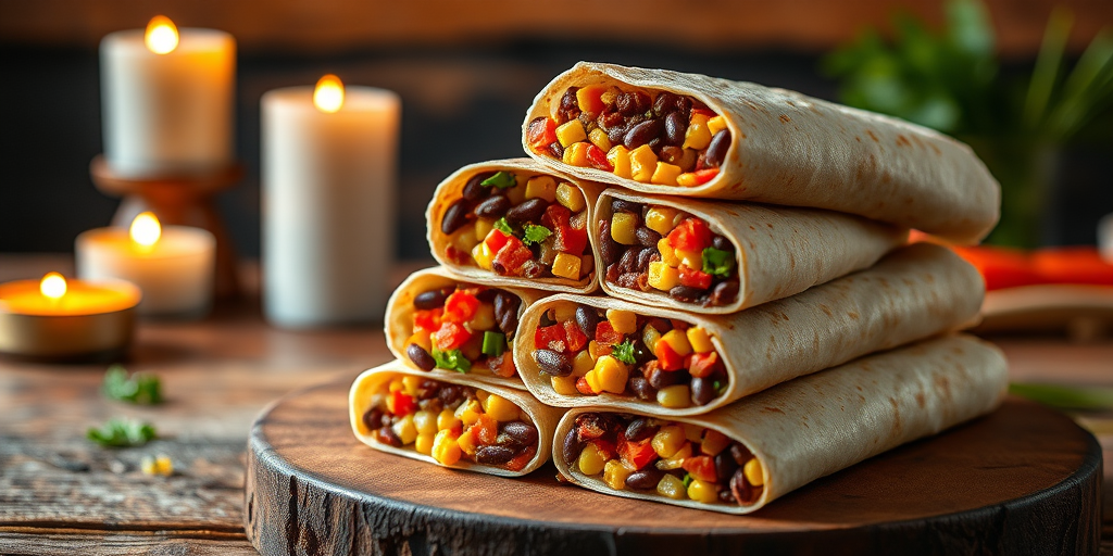 A stack of freshly made burritos filled with beans, corn, and colorful vegetables, placed on a rustic wooden table with a warm, soft glow from candles in the background, captured with a DSLR camera at f/2.8 aperture, ISO 200, 50mm lens, and natural lighting for enhanced vibrancy and detail.