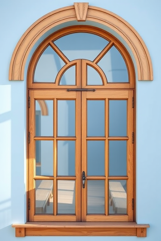 Create a high-resolution image of an arched wooden window with multiple panes, set against a light blue background, captured with a Canon EOS R5, 50mm lens, aperture f/8, ISO 100, with a soft, diffused natural light from the left side to enhance reflections and textures.