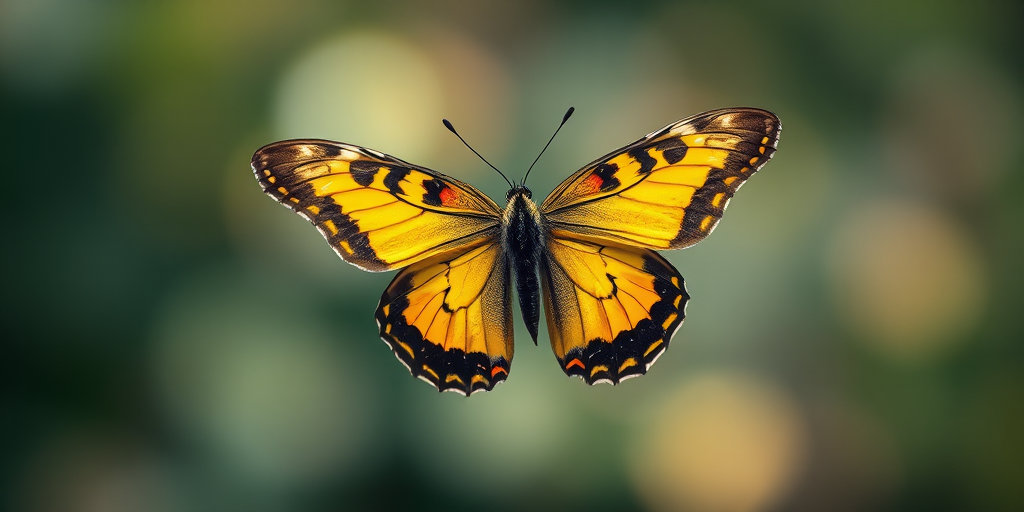 Regenerate a high-resolution image of a butterfly with vivid yellow and black wings, detailed textures, centered composition, using a DSLR camera, aperture f/2.8, ISO 100, shutter speed 1/200s, natural lighting for enhanced clarity.