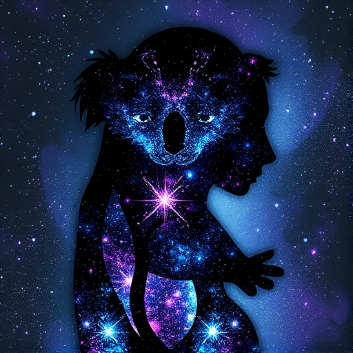 Captivating conceptual render alcohol ink art, double exposure, the paint strokes artfully merge combining a woman's full silhouette with a Cute koala's silhouette. The figures are composed of a series of colored dots, lines & spots that evoke the image of a cosmic galaxy, colors are deep shades of blue purple & black with flashes of white & silver representing distant stars. The woman's silhouette is formed within the lion's silhouette from constellations of scattered stars, surreal