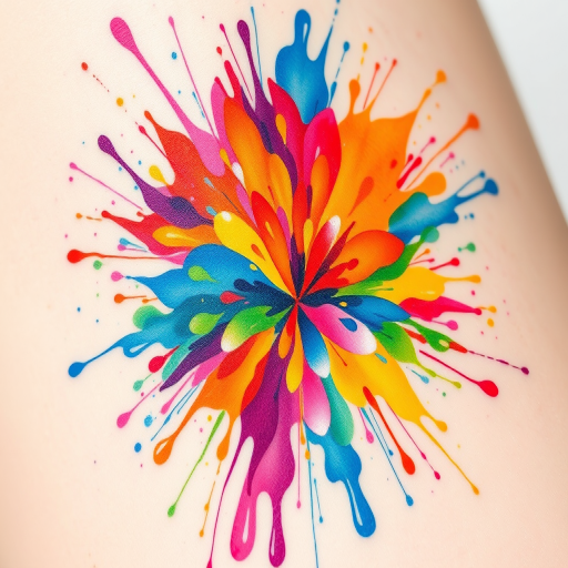Watercolor splash tattoo called "Chromatic Explosion" featuring a burst of vibrant rainbow hues blending and bleeding together in a dynamic abstract pattern