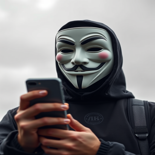 A masked figure with a Guy Fawkes mask holding a smartphone, against a soft, cloudy background, shot with a Canon EOS R5, 50mm lens, f/1.8, ISO 200, 1/200 sec, natural light, sharp focus on the mask, shallow depth of field.
