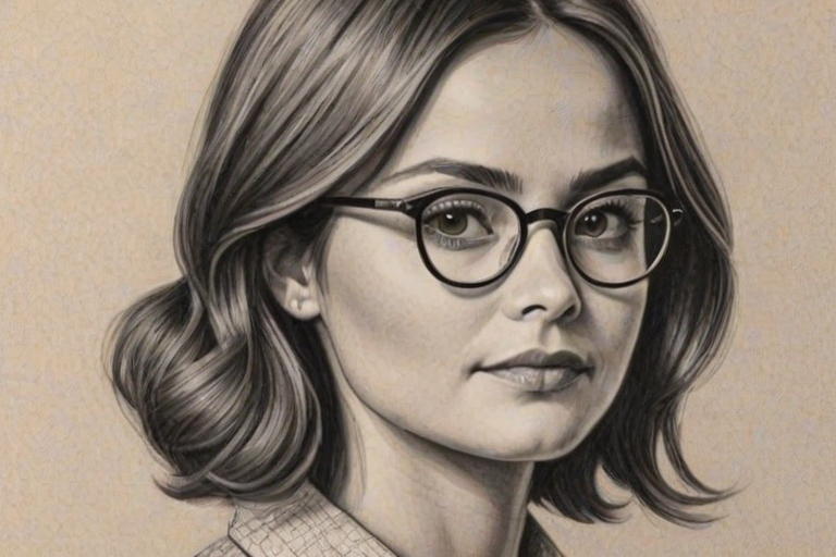 Splendid Jenna Coleman, pencil sketch, portrait of Enchanting woman 1955s in glasses, hair style beatnik, outline, clear lines, fine lines, 8k
