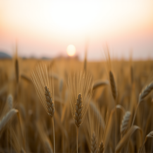 close-up shot of golden wheat field during sunset with shallow depth of field, camera settings: ISO 100, f/2.8, 1/200s, DSLR camera, lens 50mm, soft focus background, natural light.