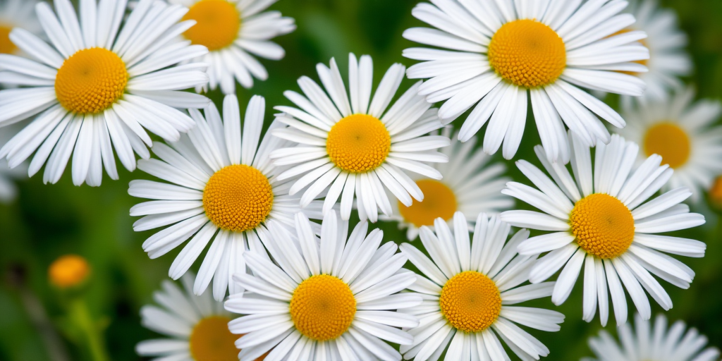 Close-up shot of white and yellow daisies on a green background, natural light, aperture f/2.8, ISO 200, focal length 50mm, digital camera, shallow depth of field, vibrant colors.