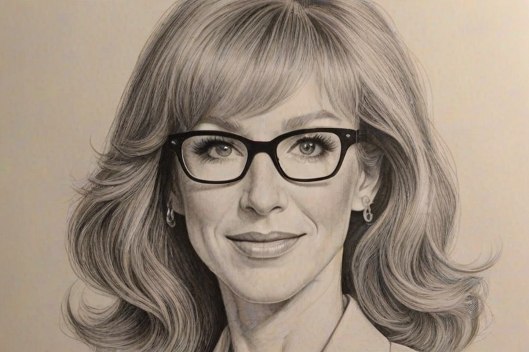 Enticing Kathy Griffin, pencil sketch, portrait of Captivating woman 1971s in glasses, hair style beatnik, outline, clear lines, fine lines, 8k