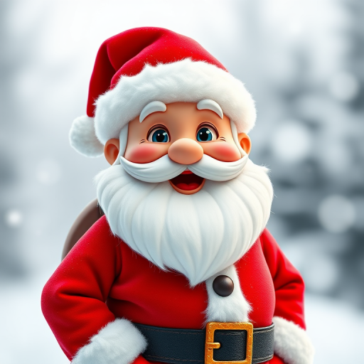 Generate a high-resolution image of a cheerful Santa Claus cartoon character wearing a red suit with white fur trim, set against a snowy background, captured using a DSLR camera with a 50mm lens, f/1.8 aperture, ISO 100, and a shallow depth of field for a vibrant and festive look.