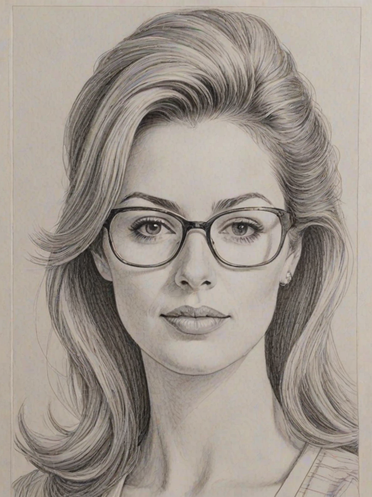 Captivating Diane Neal, pencil sketch, portrait of Beauteous woman 1970s in glasses, hair style beatnik, outline, clear lines, fine lines, 8k