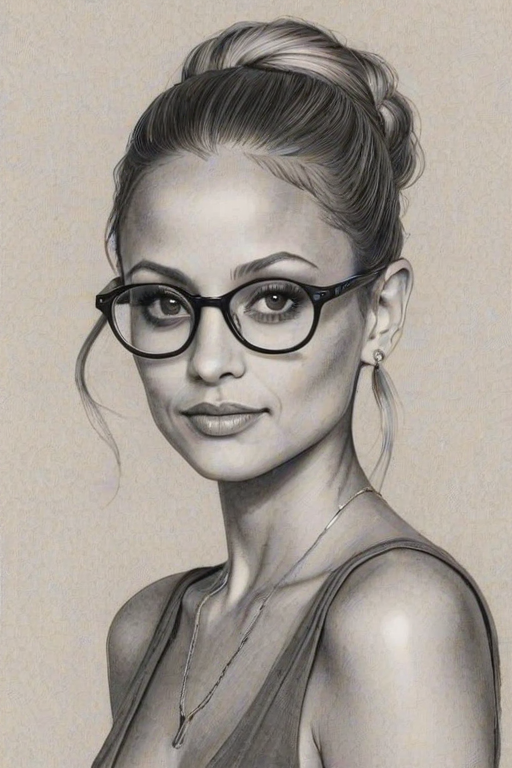 Delightful Nicole Richie, pencil sketch, portrait of Charming woman 1930s in glasses, hair style beatnik, outline, clear lines, fine lines, 8k