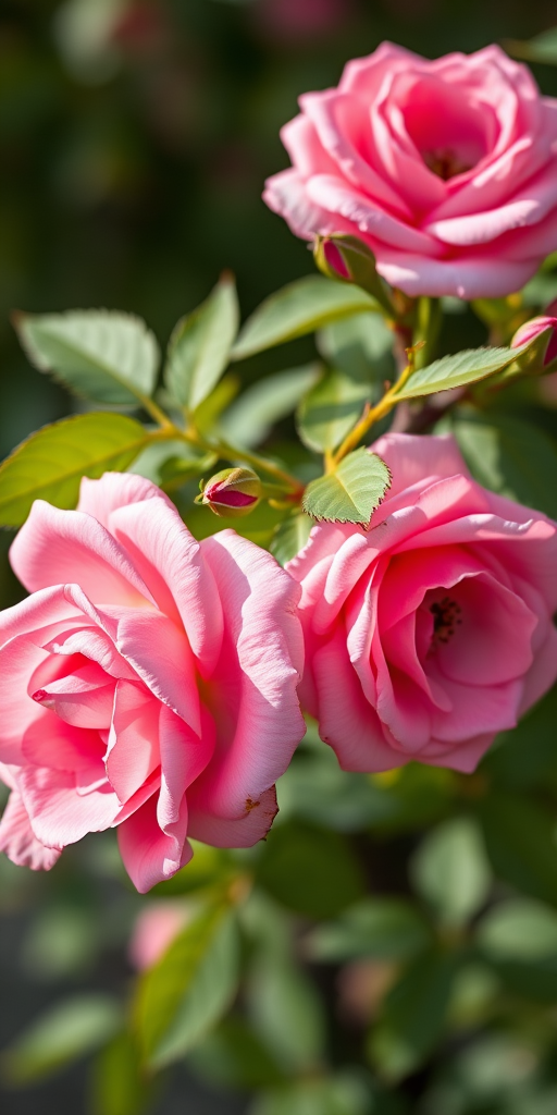 high-resolution image of pink roses on a branch with vibrant green leaves, taken with a macro lens at f/2.8 aperture, 1/200 sec shutter speed, ISO 100, natural light, side view, DSLR camera