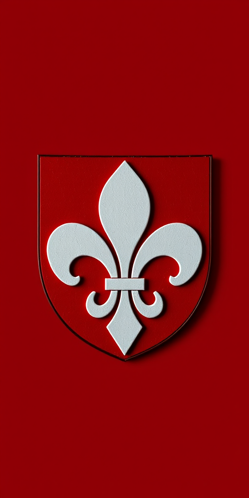 Create an image of a coat of arms featuring a stylized white fleur-de-lis on a red background, shot with a Canon EOS R5 at f/8, ISO 100, 50mm lens, front view, high dynamic range photography.
