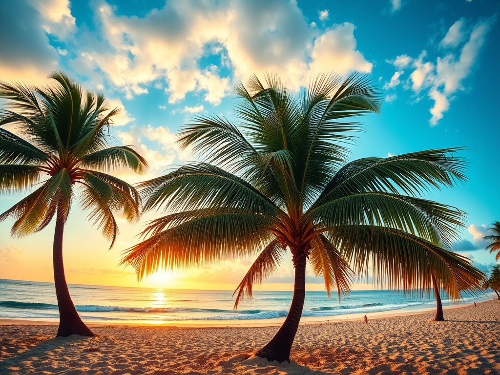 tropical beach scene with two palm trees and a sun setting in the background, vibrant colors, 50mm lens, f/11 aperture, ISO 100, shot from eye level with a wide angle to include more of the beach horizon, using a DSLR camera