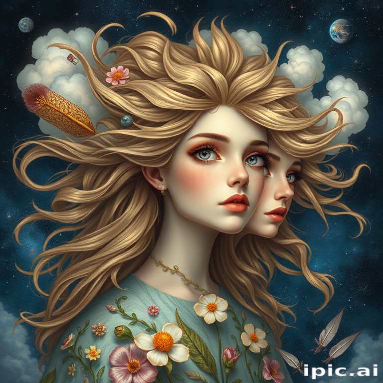 Create a series of imaginative portraits where each subject is infused with elements of fantasy and nature. The hair of the individuals should flow like clouds, varying from soft, fluffy cumulus to wispy cirrus strands, with hints of color reflecting a sunset or a clear blue sky. The eyes should be windows to entire galaxies, with stars, nebulae, and distant planets visible within them. Clothing should be adorned with nature motifs, such as floral patterns that bloom and change, vines that seem to grow and wrap around, or feathers that shimmer with iridescence. Each portrait should capture a unique personality, blending human features with the ethereal beauty of the natural and cosmic world. The backgrounds can vary, from starry night skies to enchanted forests, adding depth and context to the magical realism of the portraits
