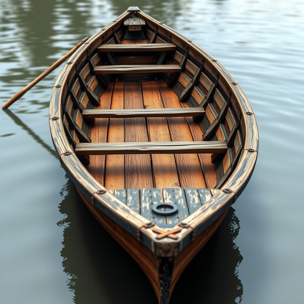 Create a high-resolution 3D rendering of a weathered wooden rowboat detailed with realistic textures, using a DSLR camera with a 50mm lens, aperture set to f/2.8 for shallow depth of field, ISO 200, and natural lighting from a single source, angled at a 45-degree view from the front to capture the boat's features.