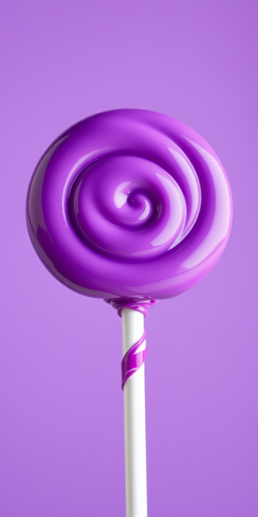 create a high-resolution image of a cartoon purple lollipop with a shiny surface and a detailed wrapper, photographed from a slightly elevated angle, using a macro lens with an aperture of f/2.8, ISO 100, 1/200 sec exposure time, on a digital DSLR camera with vibrant color settings.