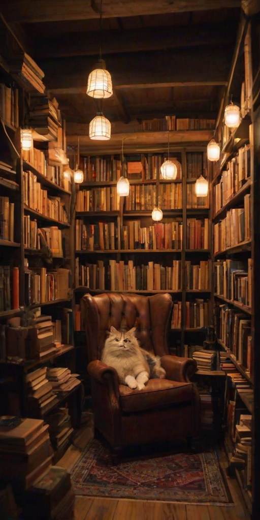 Warmly lit photo of a cozy bookstore interior, stacks of books towering high, with a soft glow from hanging lanterns and a cat curled up in an armchair in the corner.