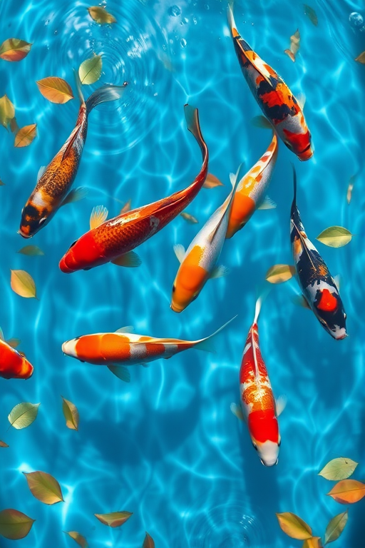 Create a serene underwater scene featuring colorful koi fish swimming gracefully in clear blue water surrounded by gentle ripples and floating leaves with sunlight filtering through the surface creating a tranquil atmosphere.