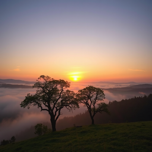 Generate a landscape image of a serene sunset over a misty valley with two silhouetted trees in the foreground, using a Canon EOS R5 camera, 24mm f/1.4 lens, f/11 aperture, ISO 100, 1/250 sec shutter speed, with a wide-angle view and soft pastel colors.