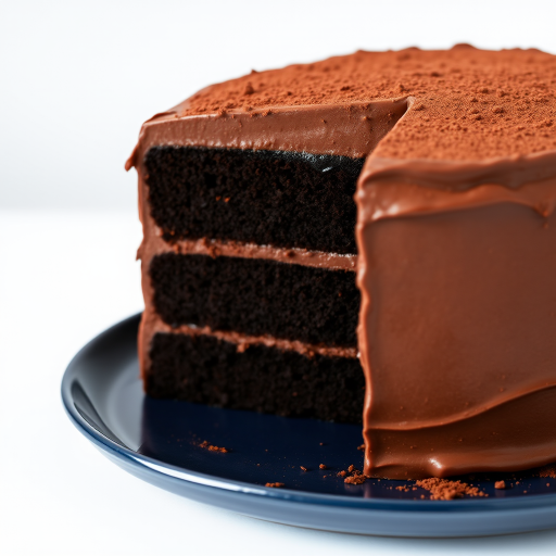 A three layer chocolate cake with rich chocolate frosting topped with cocoa powder on a dark blue plate set against a light background.
