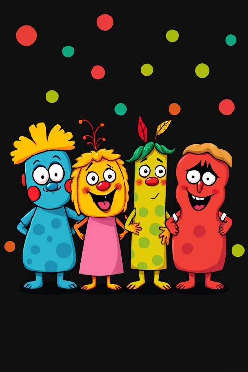 Create a vibrant and whimsical illustration featuring colorful cartoon characters with exaggerated features representing the numbers 2018, set against a dark background with bright polka dots, using a wide-angle lens at f/2.8, with a vibrant color palette and a high-resolution digital format.