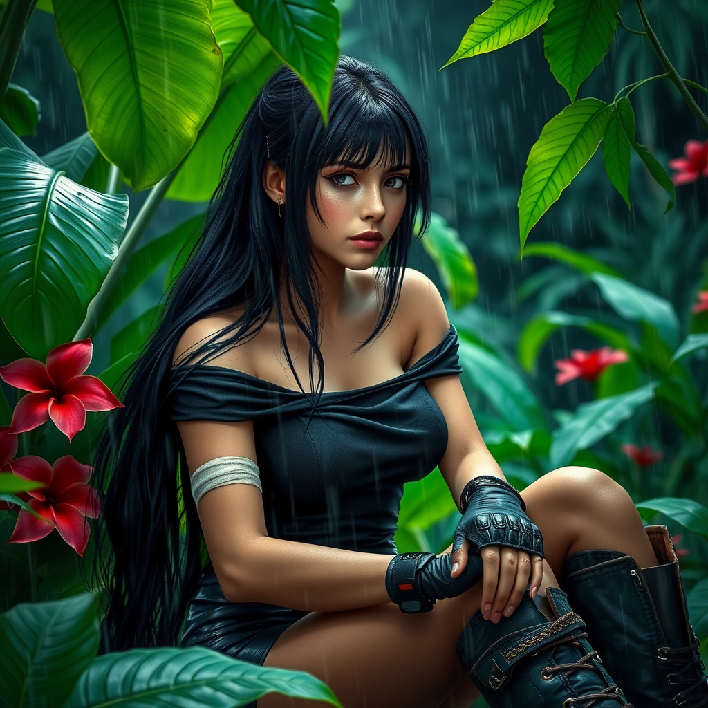 A highly detailed photograph of a woman with long black hair, sitting in the rain beneath lush green foliage. She wears a black off-the-shoulder top, fingerless gloves, and combat boots, giving her a rugged, militaristic look. Her left arm is bandaged, hinting at a recent struggle. The jungle background is vibrant, with large green leaves and red flowers contrasting against the rainy, dark sky. Fine rain droplets add realism and atmosphere to the scene.