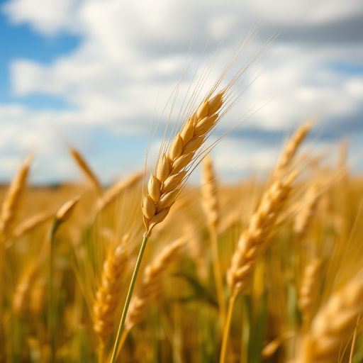 wheat field close-up, shallow depth of field, f/2.8, ISO 100, 1/500s, macro lens, natural light, 50mm lens, captured with a DSLR camera, vibrant colors, blue sky background with clouds