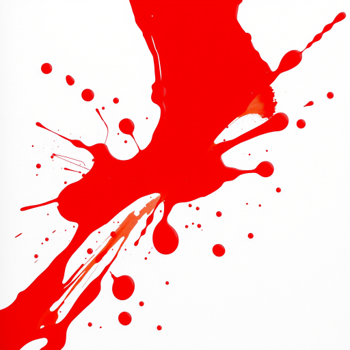 Create a high-resolution image of a red paint splatter on a white background, using a DSLR camera with a 50mm lens, f/1.8 aperture, ISO 100, natural light, and a slightly tilted top-down view to enhance depth and texture.