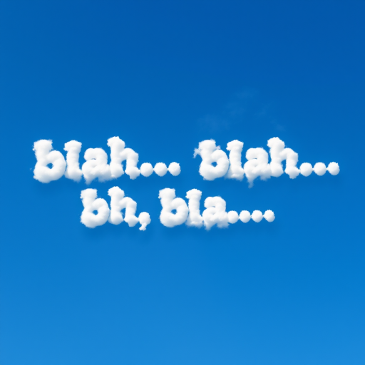Generate an image of fluffy white clouds spelling out "blah... blah... blah..." against a bright blue sky at a resolution of 4000x3000, with a focus depth of f/8, ISO 100, and a shutter speed of 1/250 sec, shot with a DSLR camera in landscape orientation.