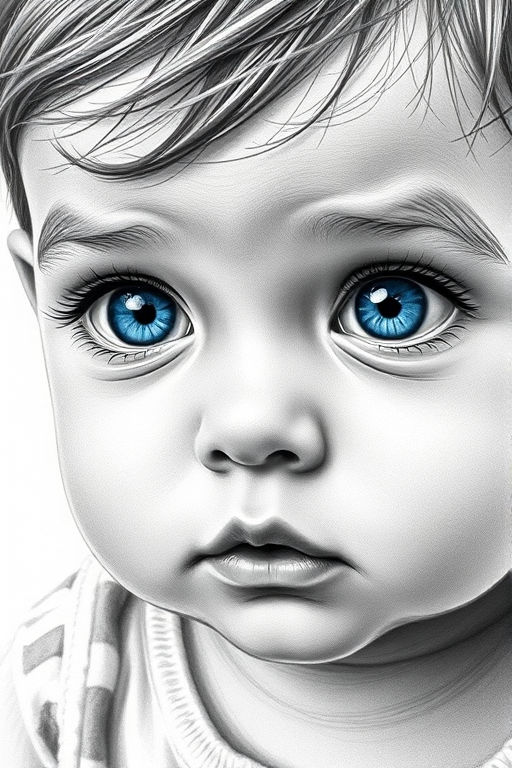 A hyperdetailed photorealistic black and white sketch of a beautiful toddler with deep blue eyes, with a macro focus