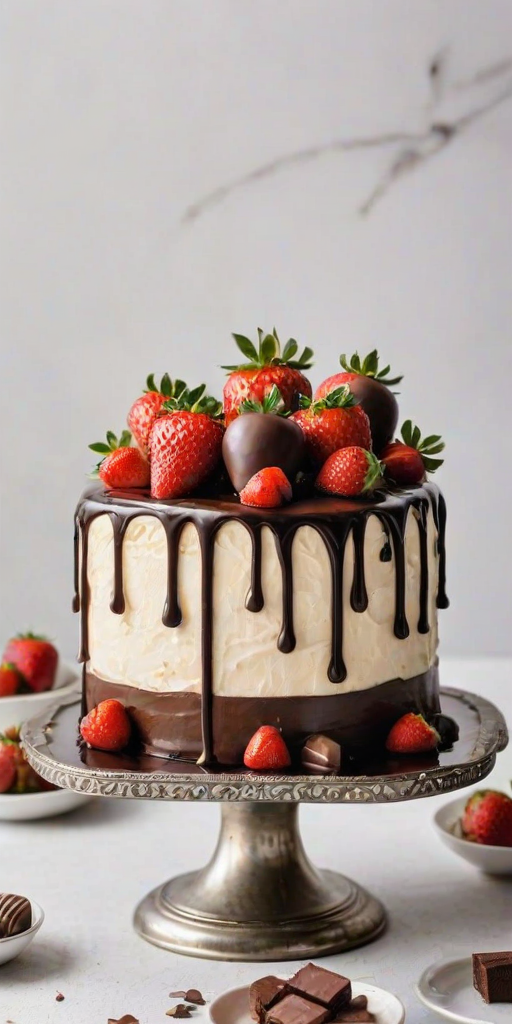 Generate an image of a square cake with smooth white frosting and a glossy dark chocolate ganache dripping down the sides. The top is adorned with an assortment of chocolate-covered strawberries and decorative chocolate truffles. The cake is displayed on an ornate metal cake stand against a textured white background.