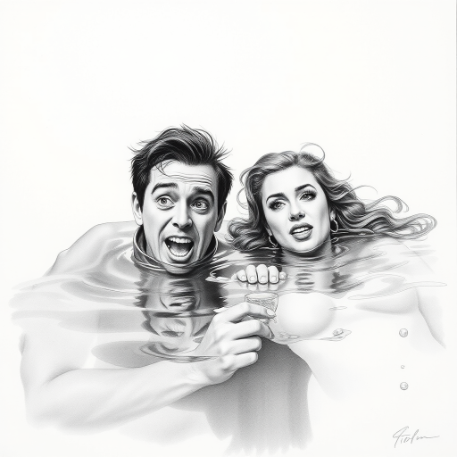 A hyperdetailed photorealistic black and white pencil sketch recreating the iconic scene at the end of Titanic with Jack and Rose floating in the water, only show them making exaggerated funny faces at the camera. Show Rose spitting water at the camera.