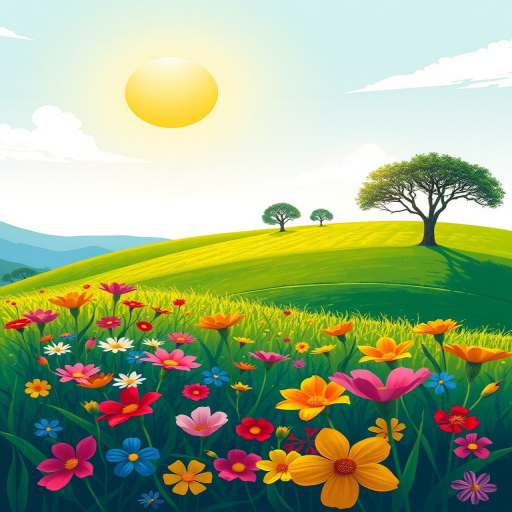 Create an illustration of a vibrant landscape with colorful flowers in the foreground on a lush green hill under a bright yellow sun and a clear blue sky, using a DSLR camera with a 50mm lens, f/8 aperture, ISO 100, and a focus on vibrant colors and sharp details to enhance image quality.