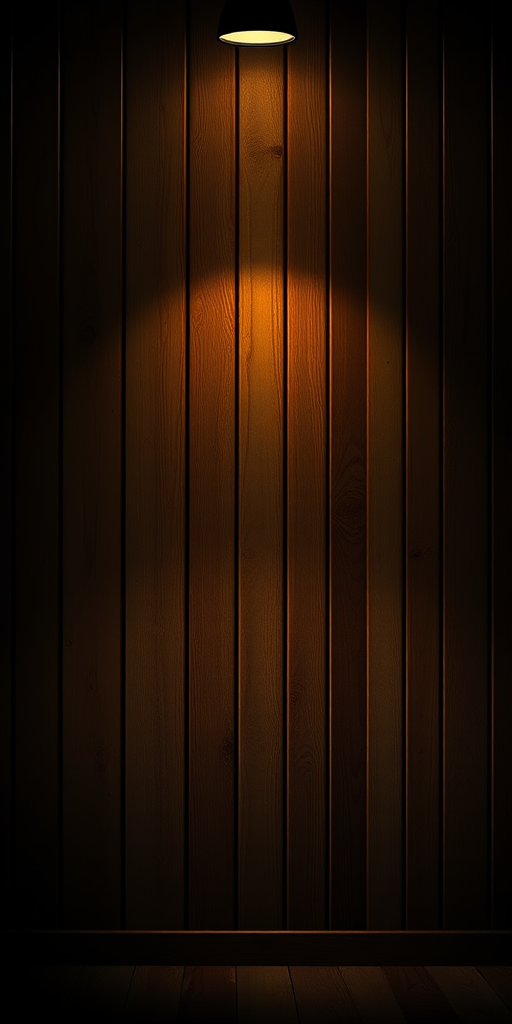 Create an image of a wooden wall with vertical planks illuminated by a spotlight, set in a dimly lit room, using a DSLR camera with a 50mm lens, aperture f/1.8, ISO 100, and a low angle shot for depth and texture enhancement.