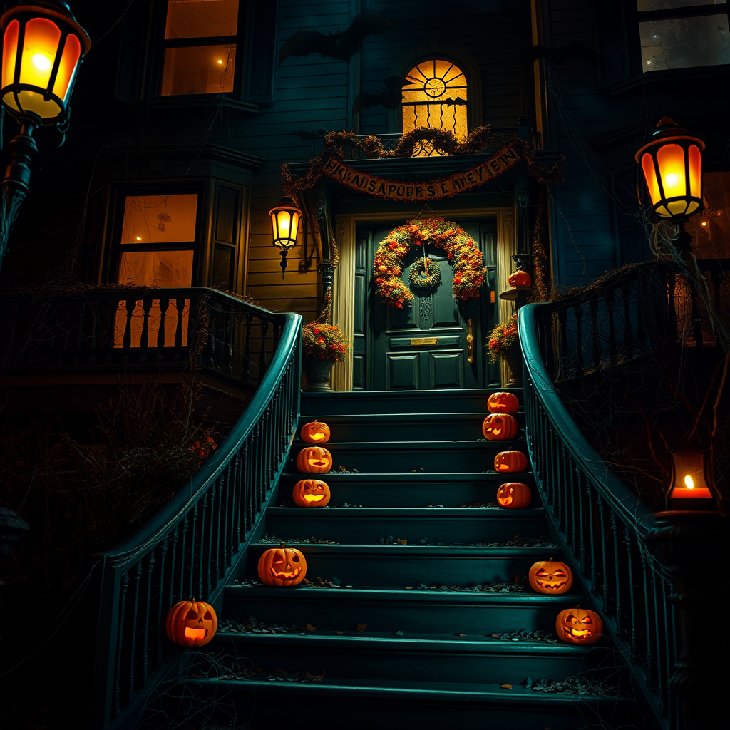 airbrushed oil painting, halloween theme, a haunted house, stairs, highly decorated, illuminated, lanterns, jack o'lantern, bats, webcobs