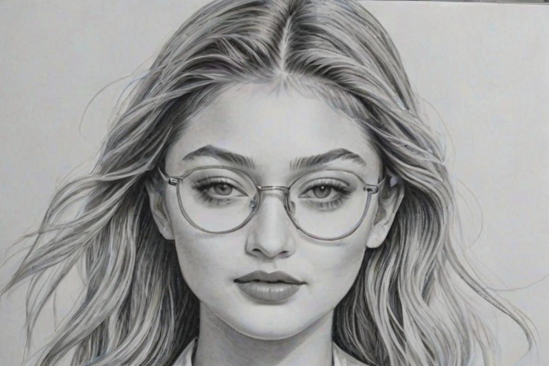 Appealing Gigi Hadid, pencil sketch, portrait of Dazzling woman 1932s in glasses, hair style beatnik, outline, clear lines, fine lines, 8k