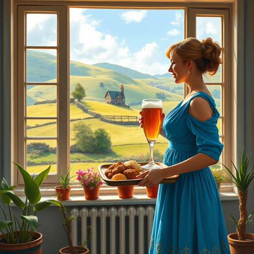 In "A Glass of Beer on the Highland," a serene scene is depicted in a sunlit room where a woman in a vibrant blue dress stands by a large window. She holds a tray with a hearty meal and a frothy glass of beer, embodying a moment of relaxation. Outside, the breathtaking highland landscape features rolling green hills and a charming traditional house, all bathed in warm afternoon light. The interior is adorned with potted plants, creating a harmonious blend of comfort and nature. The painting beautifully captures the tranquility and joy found in simple pleasures amidst stunning scenery