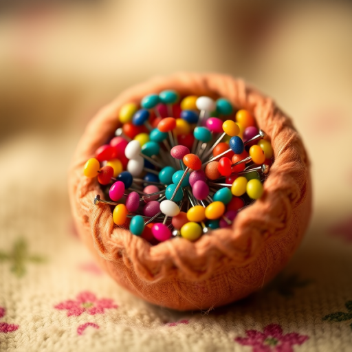 macro shot of a circular pin cushion filled with colorful sewing pins with a soft blur background, f/2.8 aperture, 50mm lens, ISO 100, natural soft lighting, shallow depth of field