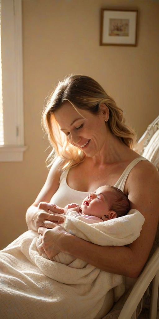 Warm, softly lit image of a mother cradling her newborn baby in a sunlit nursery, soft shadows from the crib cast on the walls, the smell of baby powder lingering in the air, a peaceful smile on the motheres face, the baby asleep in her arms.