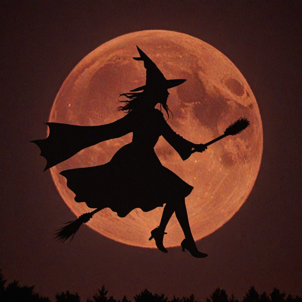 Double exposure, a silouette of a witch on a broomstick centered in the middle of an blood orange full moon.  Any suggestions on getting a good image of a witch on a broomstick centered in the middle of an blood orange full moon.  I tried different generators and changed the wording around.