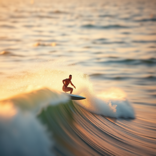 Blurry action shot of a surfer catching a wave at sunrise, soft golden light illuminating the crest of the wave, with the ocean horizon softly blurred in the distance.