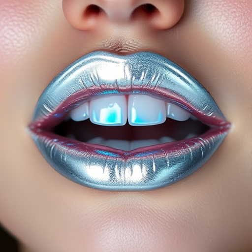 Holographic silver lips with a chrome effect, named "Lunar Gleam," featuring a high-impact metallic shine and futuristic appeal for bold looks