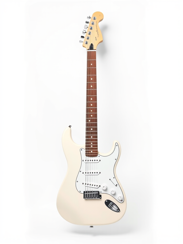 high-resolution image of an electric guitar, front view, aperture f/2.8, shutter speed 1/200s, ISO 100, lens 50mm, studio lighting, white background