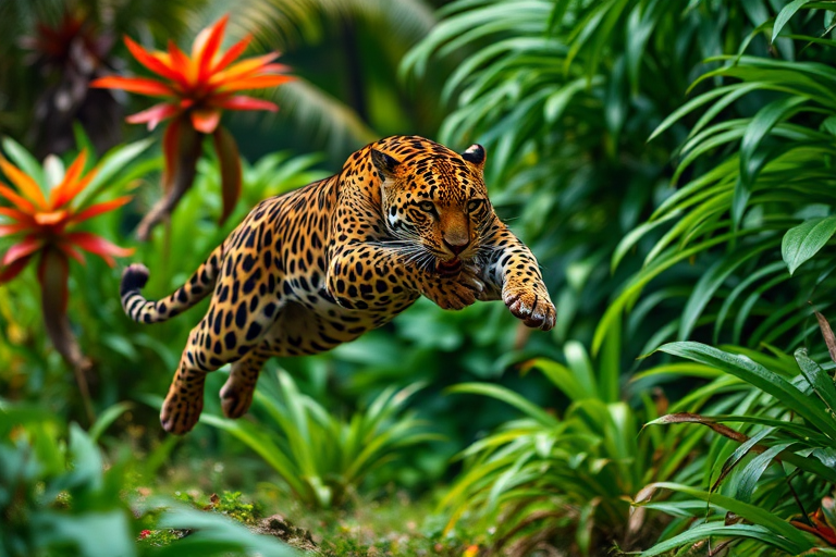 high-quality image of a jaguar leaping through a lush jungle scene with vibrant foliage, sharp focus, 85mm lens, f/2.8 aperture, ISO 200, natural lighting, DSLR camera, capturing dynamic motion and detail