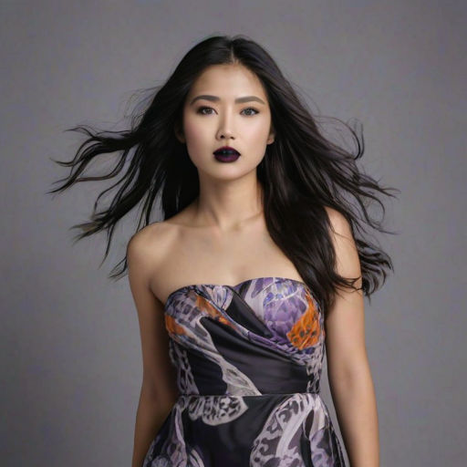 Photographic image of a beautiful young Ainu woman, brown eyes, lips with black lipstick, long hair fluttering in the wind and wearing a silk strapless dress with a soft purple and orange print. monochrome image with only color highlights in the iris of the eyes, lipstick and dress. Gray background.