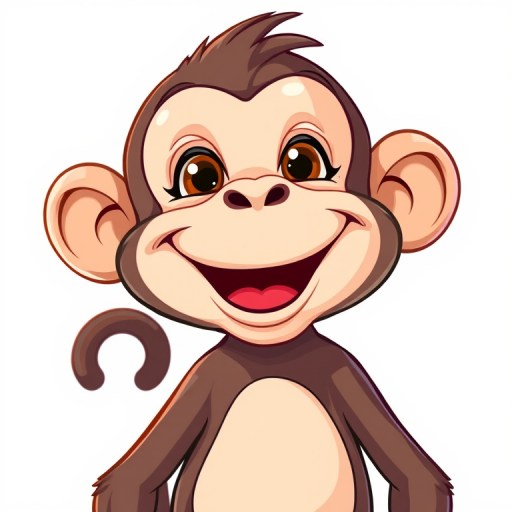 Create a vibrant cartoon illustration of a happy monkey with a playful expression, taken with a digital camera, ISO 100, f/4 aperture, 50mm lens, shot at eye level with a clean background to enhance focus on the character.