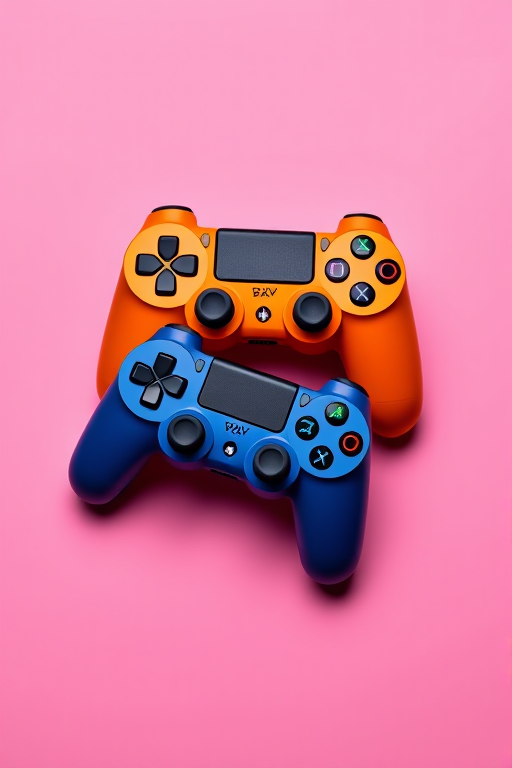 Create a high-resolution digital illustration of three gaming controllers in vibrant colors, captured with a 50mm f/1.8 lens, at ISO 100, aperture set to f/5.6, in a flat lay style with a bright, even lighting setup.