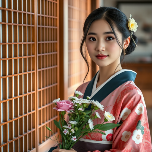 Portrait of a young woman in traditional Japanese attire, holding flowers near a wooden screen, soft natural light, shallow depth of field, 85mm lens, aperture f/1.8, ISO 100, shot with a DSLR camera in a serene indoor setting.
