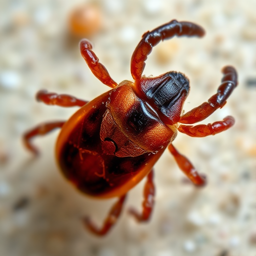 Microscopic close-up of a tick viewed from above, with detailed textures and features highlighted, using a microscope camera, f/8 aperture, ISO 100, 100x objective lens, polarizing filter for clarity, soft diffused lighting.