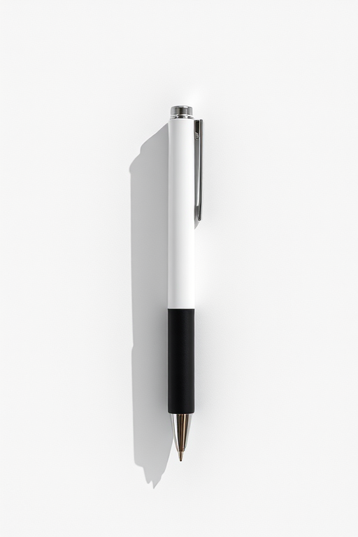Create a high-resolution image of a black and white pen on a solid background, using a 50mm lens, f/2.8 aperture, ISO 100, shot from a top-down view with natural lighting to enhance details and shadows.