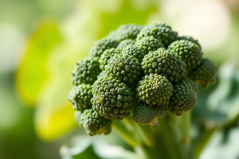 Fresh broccoli against a blurred green background, macro view, 50mm lens, f/2.8 aperture, ISO 100, natural lighting, high resolution
